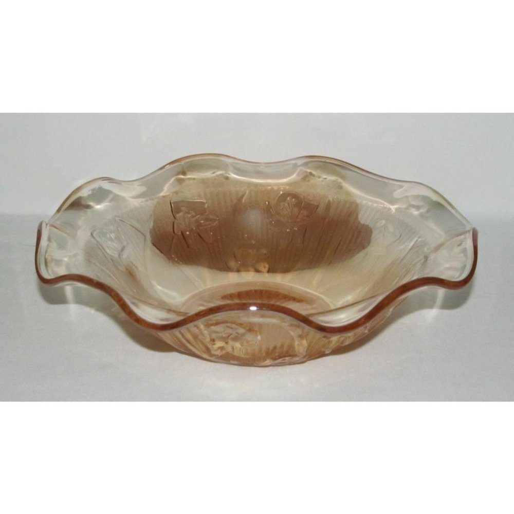 Jeannette Glass IRIS AND HERRINGBONE Marigold Iridescent Med Ruffled Salad Bowl